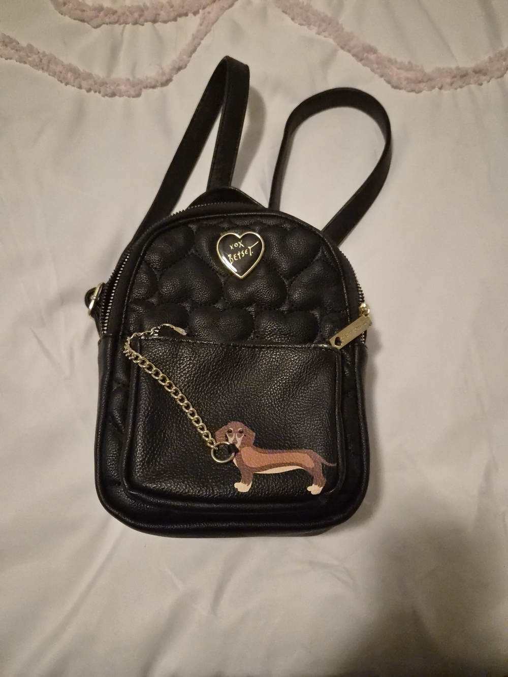 Betsey Johnson Black Quilted Heart Mini Backpack Dachshund Dog Rare